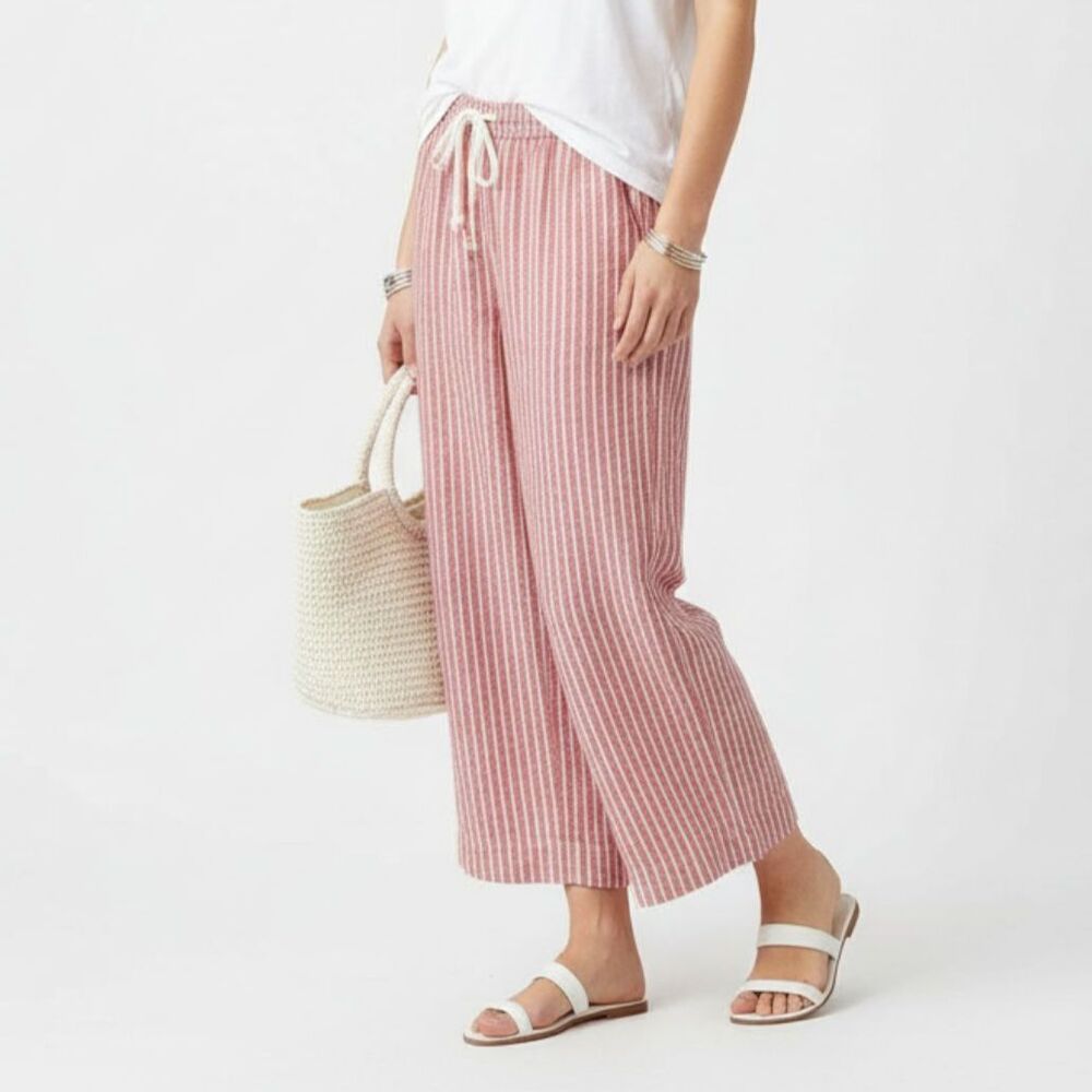 Beach Lunch Lounge Linen Blend Red & White Striped Capri Margo Pants M New